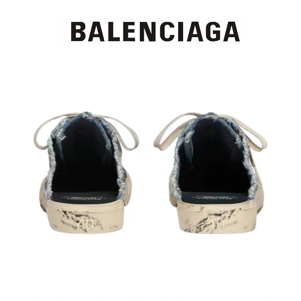 รองเท้าแตะส้นแบน Balenciaga Paris สำหรับผู้ชายและผู้หญิงรองเท้าลำลองสีน้ำเงินเดนิม
