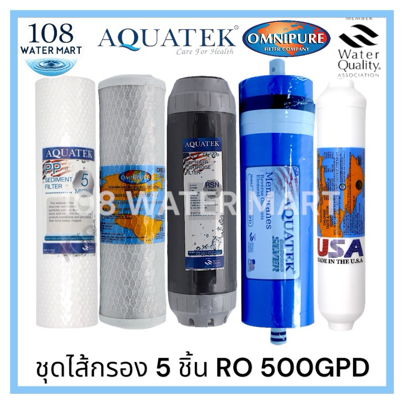 ชุดไส้กรอง 5 ชิ้น Aquatek RO 500 GPD สำหรับเครื่องกรอง รุ่น ไม่มีเพรชเชอร์แท้งค์ เมมเบรน 3012 โพสต์คาร์บอน Omnipure