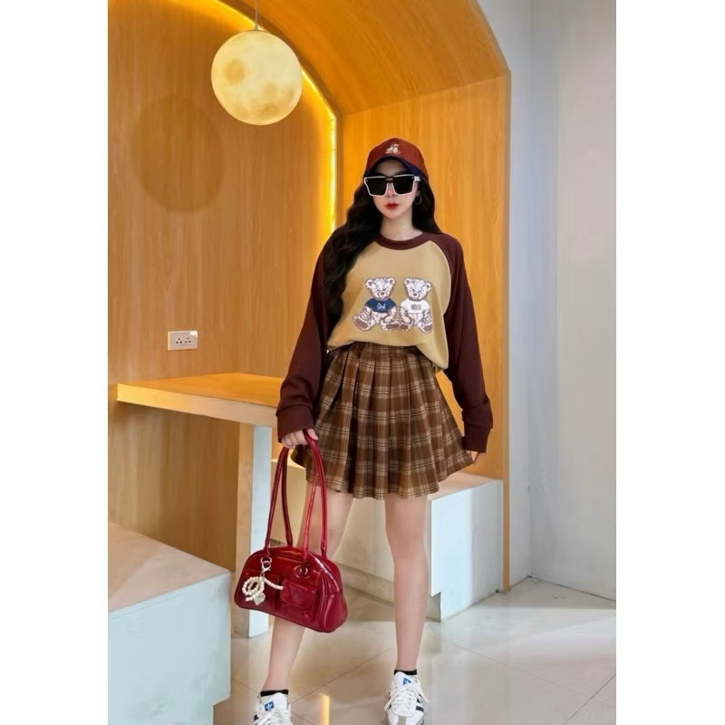 ชุดเชต2ชิ้นเสื้อแขนยาวสกรีนลายหมี+กระโปรงจีบรอบมีชับใน