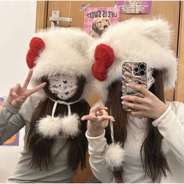 (พร้อมส่ง🐱) Hello Kitty Fur Bow Hat หมวกขนเฟอร์คิตตี้ ใส่กันหนาวได้ ใส่ถ่ายรูปก็น่ารัก ~