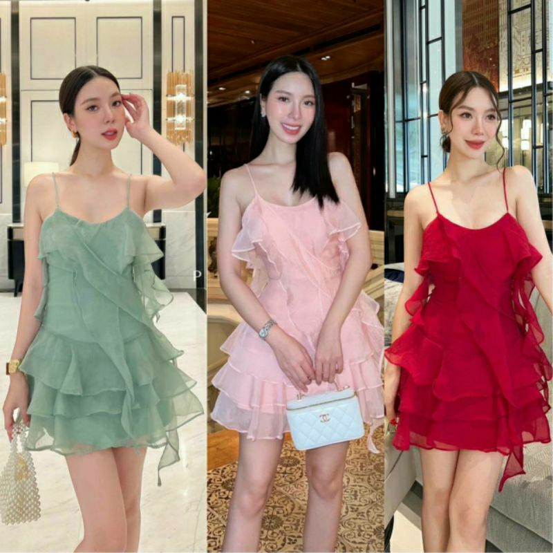 (XS-L) PIMALA 📣พร้อมส่งเดรสสายเดี่ยวระบายดีไซน์สวยสุดๆมีฟองน้ำ มีซับใน สายปรับระดับได้