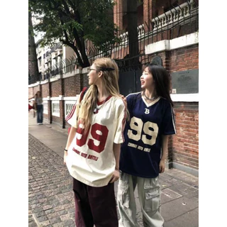 Beryl 🌻 เสื้อยืดแขนสั้นสไตล์อเมริกันสำหรับผู้หญิง สไตล์ฤดูร้อนใหม่ พิมพ์ลายตัดกัน สไตล์สปอร์ต เสื้อตัวหลวม ✨ COOL GRIL