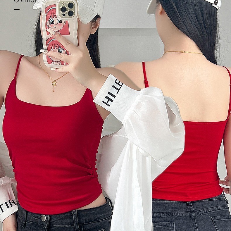 เสื้อกล้ามสายเดี่ยว สี Red ตัวยาว มีฟองน้ำ เย็บติด ฟรีไซต์ สีสวย ไร้ขอบ ใส่สบาย สไตล์เก๋ๆ เสื้อผ้าผู้หญิง แฟชั่นน่ารักๆ