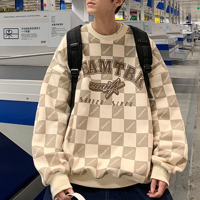 เสื้อแขนยาวสเวตเตอร์คอกลม Oversize (อก 52 นิ้ว) ลายตาราง สกีลลาย ผ้าคอตตอล  B104