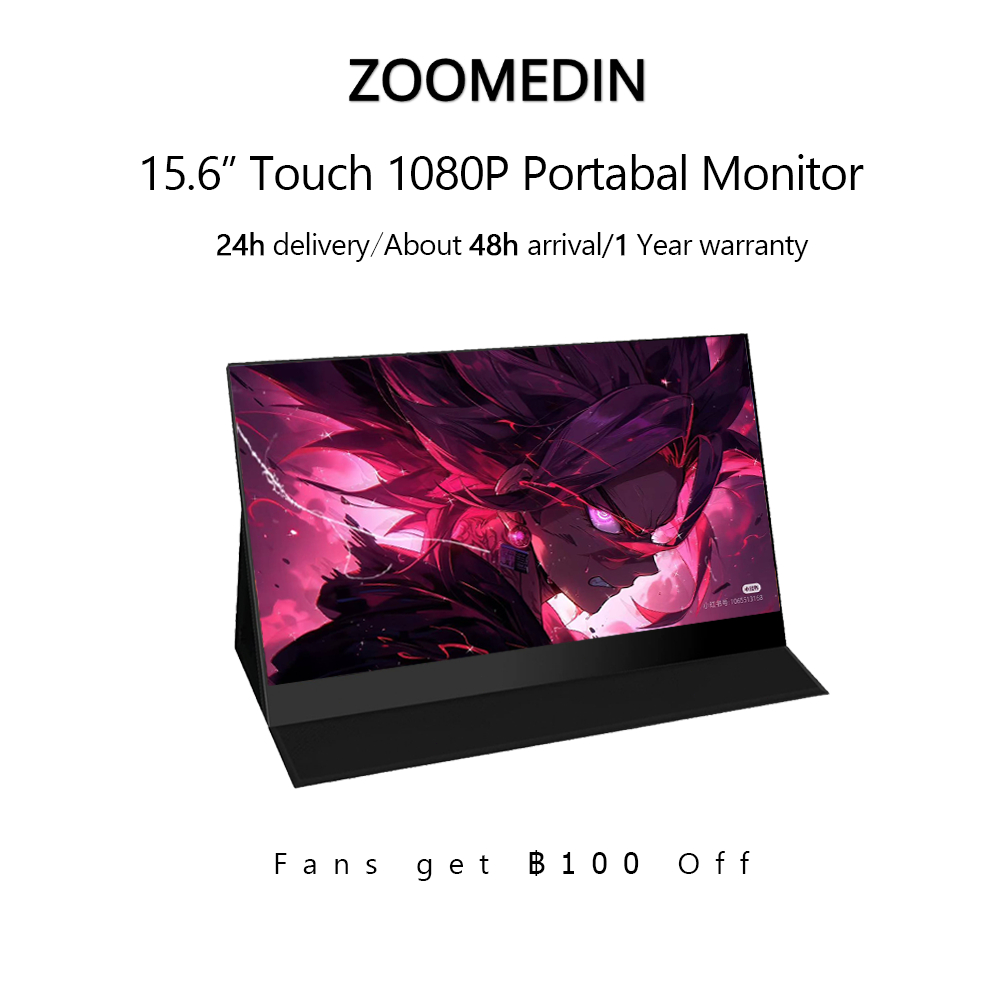 ZOOMEDIN จอภาพแบบพกพาหน้าจอสัมผัส 15.6 FHD 1080P/2K IPS 10จุดหน้าจอสัมผัสพร้อมขาตั้งและลําโพง, HDMI 