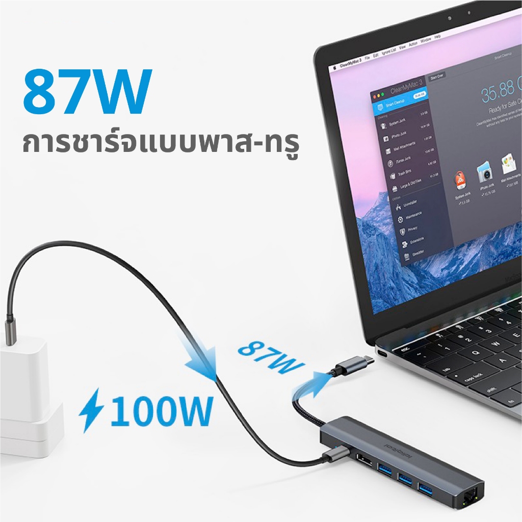 Idigital Type C HUB Adapter, ฮับ USB C, USB 3.0, HDMI 4K, 1000Mbps RJ45, PD100W, SD TF, สำหรับแล็ปท็อป, Macbook