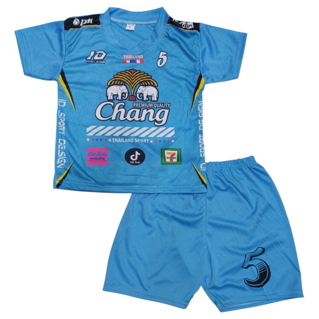 ชุดกีฬาเด็กลายช้าง chang S กับ M ผ้ามันไมโคร S 1-2 ปี 7-12โล ,M 2-4 ปี 12-17โล ชุดบอลเด็ก