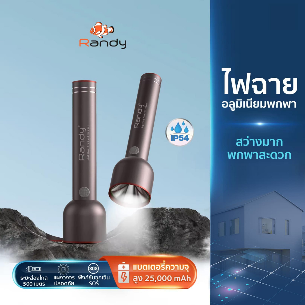 Randy ไฟฉายอลูมิเนียม กันน้ำ น้ำหนักเบา สว่างมาก ส่องไฟ 1000 เมตร เเบตอึด ทุบกระจกยามฉุกเฉิน