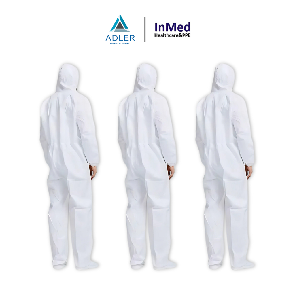 ชุด PPE InMed สีขาวล้วน หนา 65 แกรม ชุดป้องกันเชื้อไวรัส เชื้อโรค ป้องกันฝุ่น กันน้ำ ระบายอากาศได้ดี