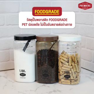 ขวดโหลพลาสติก ความจุ 1100 ml. (1แพค) ผลิตจากพลาสติก PET ใช้ใส่เครื่องปรุง ใส่ชา-กาแฟ พร้อมช้อน