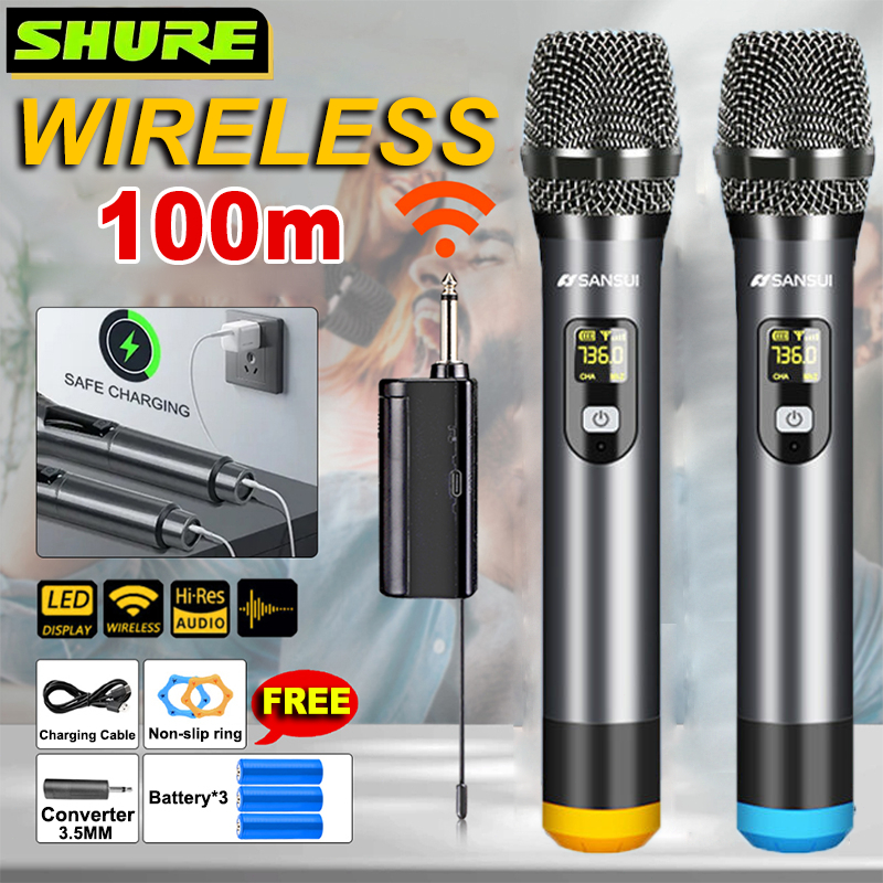 SHURE ไมค์โครโฟน ไมโครโฟนไร้สาย ปรับความถี่ได้ ไมค์ลอยแบบพกพา ชุดรับ-ส่งไมโครโฟนไร้สาย ไมค์คู่แบบมือถือ UHF ไมโครโฟนเวที