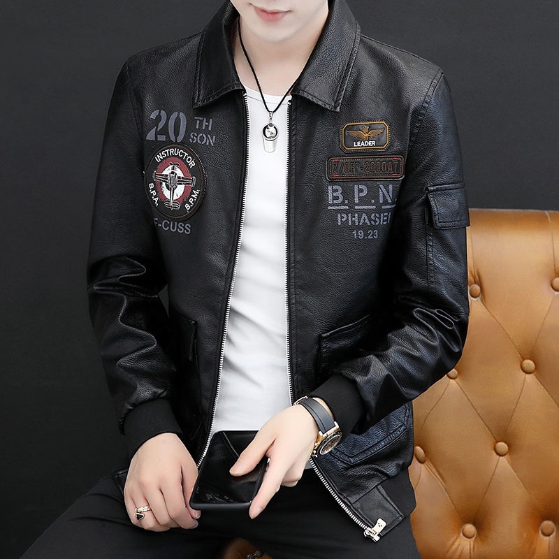 แจ็คเก็ตหนังผู้ชาย กันลม ใส่สบาย มีซิปหน้า สตรีทสไตล์อเมริกันย้อนยุคที่เข้าคู่ง่ายสบาย ๆ เสื้อแจ็คเก็ตเกาหลี PY851