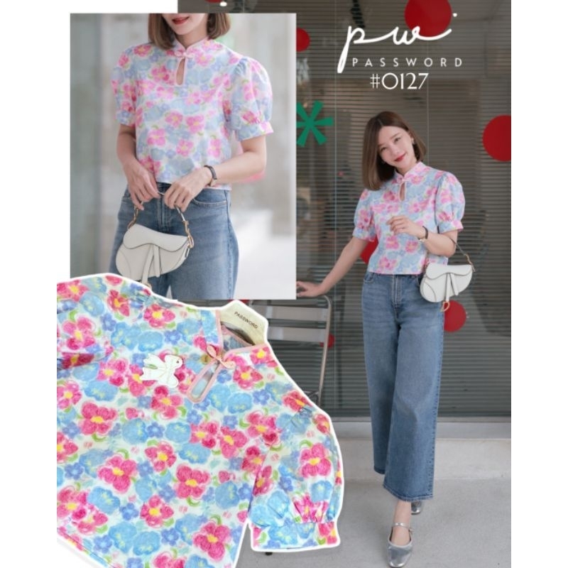 Password#0127เสื้อคอจีน ผ้าคอตตอนลายดอกไม้สีสวยหวาน