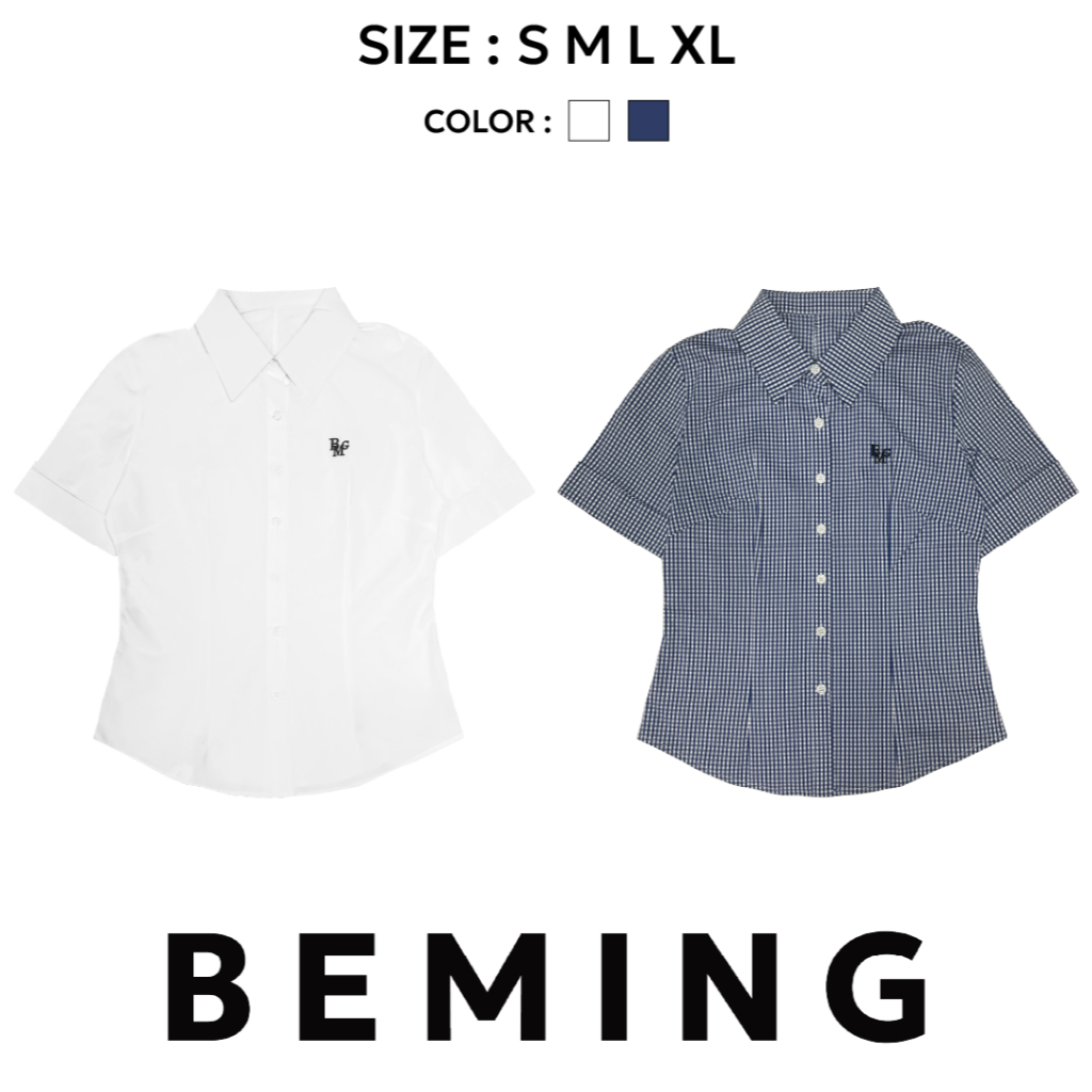 Bemingtop825(S-XL)-Crimson เสื้อเชิ้ตคอปกเเขนสั้น ปลายเเขนพับ ใส่ทำงานได้