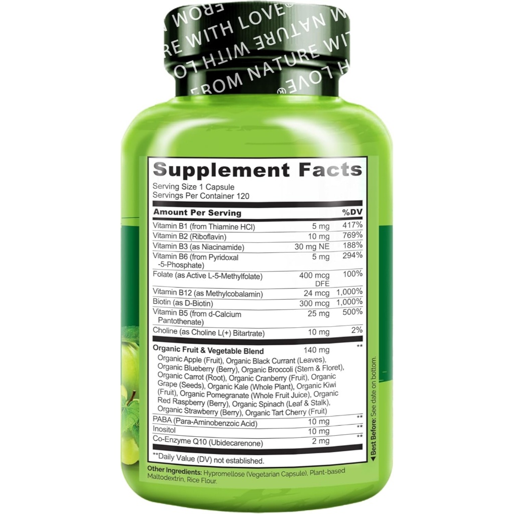 NATURELO, B Complex with a Fruit & Vegetable Blend, Plus CoQ10, 120 Vegetarian Capsules ราคา ถูกที่สุด ดีลบีเคเค แกลเลอรีภาพที่ 2
