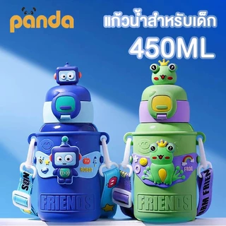 PANDA แก้วสแตนเลส วัสดุสแตนเลส 316 กระติกน้ำเด็ก ลายการ์ตูน 450ml มีหลอด มีสายสะพาย ขวดน้ำพกพา น่ารัก ของขวัญ NO:H97