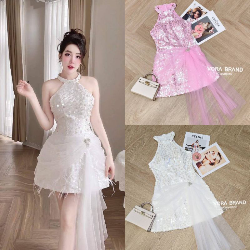 VORA Dress สั้น แขนกุดคล้องคอ เนื้อผ้าแต่งปักเลื่อมทั้งชุด