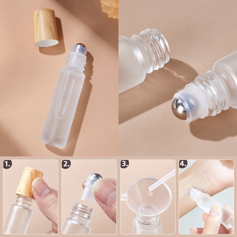 (แพ็ค 10 ชิ้น) ขวดแก้วหนา หัวลูกกลิ้งเหล็ก ฝาลายไม้ ขนาด 5-10 ml. #P436 ขวดใส่น้ำมัน น้ำหอม รีฟิล พกพา PackingDD