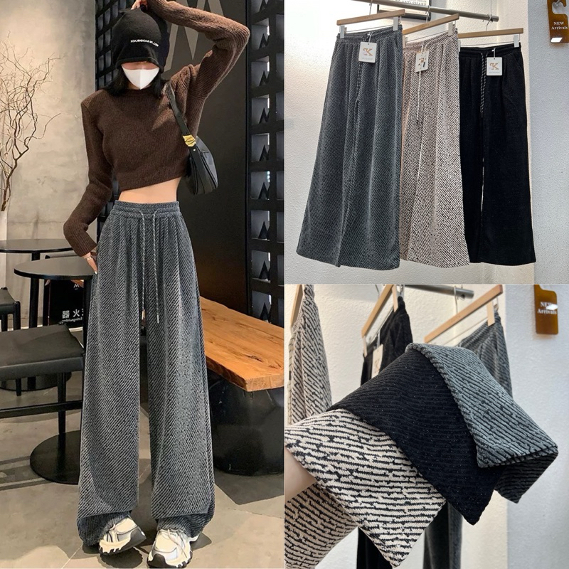 Gang_jeans#201(K)กางเกงขายาวผ้าไหมพรม งานถัก ผ้าหนา ทรงบอย มีเชือก – โปรปัง