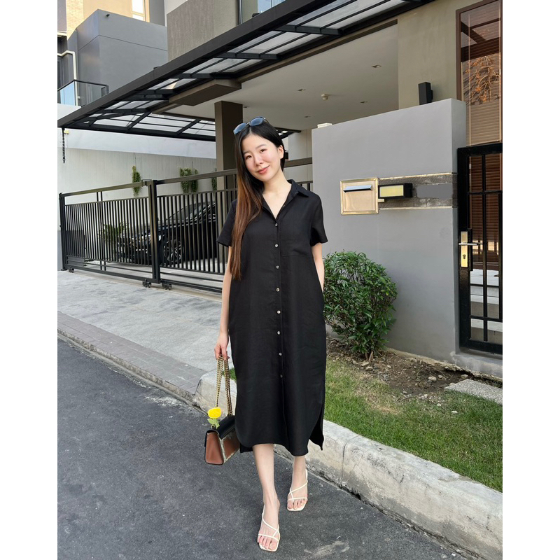 K2เดรสยาวคอปกผ้าลินินสีดำกระดุมหน้าอก38/42/44