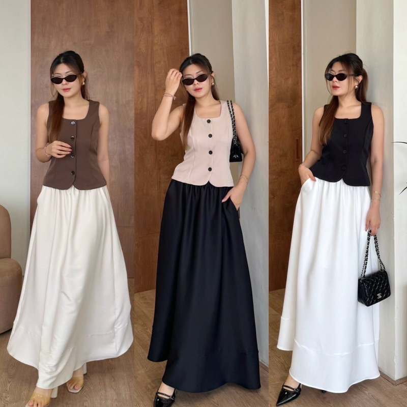Classy Set เสื้อคอเหลี่ยมแขนกุด จับคู่กับกระโปรงยาว