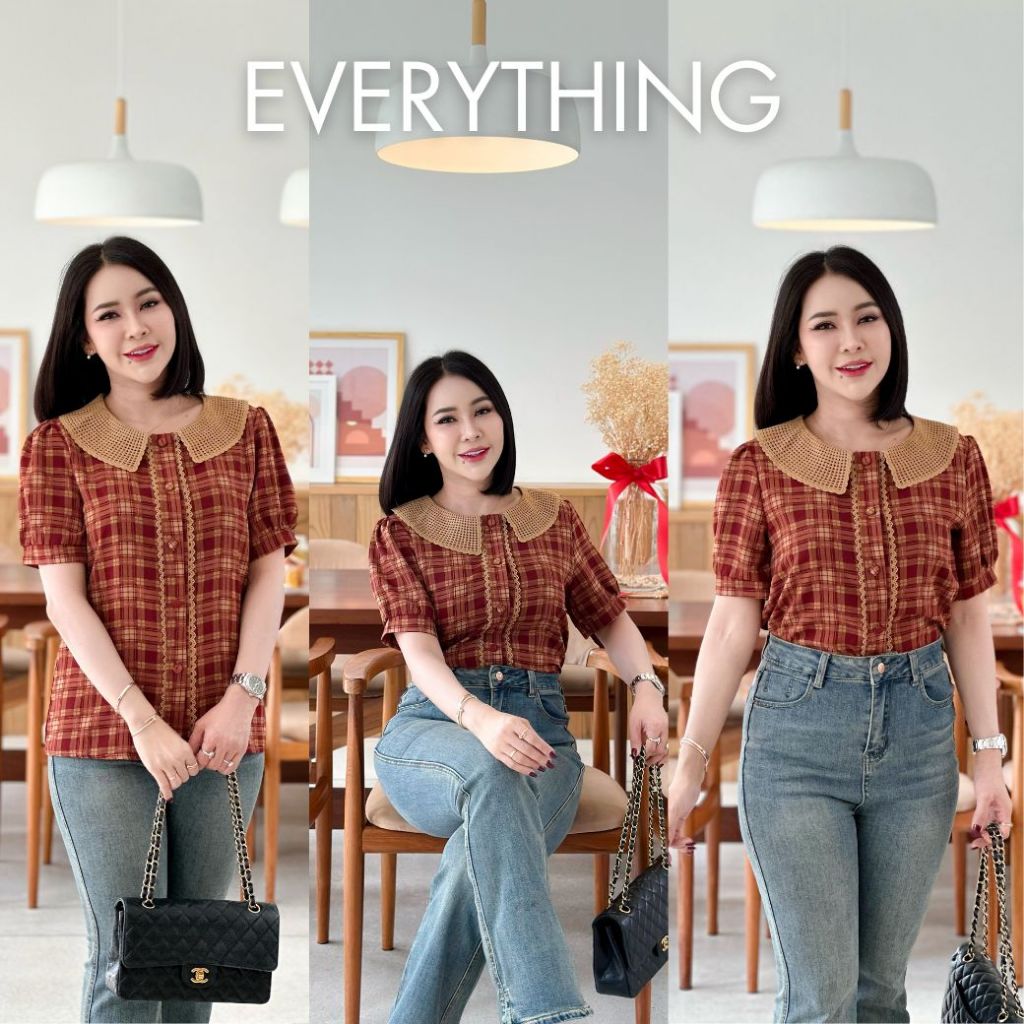 Everything2019 เสื้อผู้หญิงคอปกหยักฉลุ กระดุมปั้ม แขนสั้น ลายสวย ผ้าใส่สบาย ใส่เที่ยว ใส่ทำงาน ไม่ซ้ำใคร (6447)
