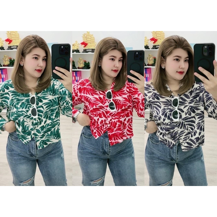 B54 เชิ๊ตคอปกผ้าสปันลายใบไม้