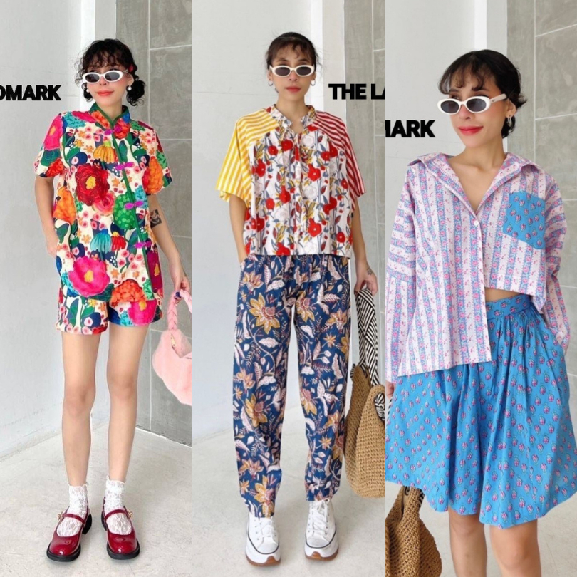 The Landmark  ชุดเซ็ทผ้าบล็อคคอทตอลอินเดีย เสื้อผูกเชือกคอ ตัดต่อลาย ช่วงตัวฟรีไซส์ สวมใส่ง่าย CARDI