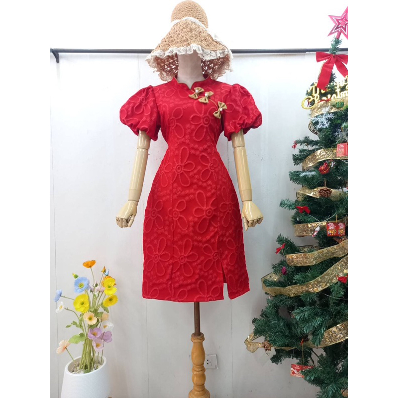 เดรสสีแดงใส่ตรุษจีน งานฟรีไซร์ผูกโบว์หลัง อก32-40เอว25-35ยาว40