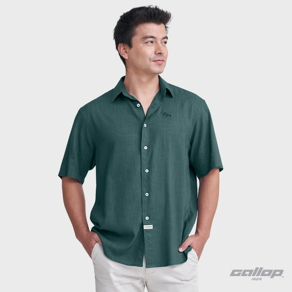 GALLOP : LINEN CASUAL SHIRT เสื้อเชิ๊ตผ้าลินินแขนสั้น รุ่น GW9033 สี Bottle green - บ็อทเทิล กรีน / ราคาปกติ 1490.-
