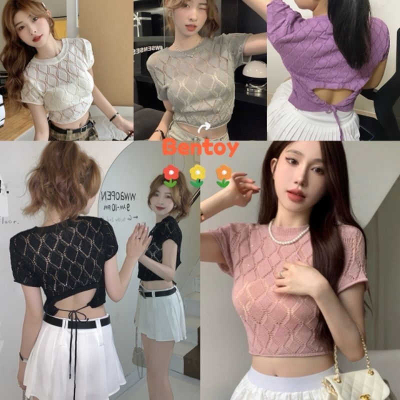 Bentoy（K38） เสื้อยืดไหมพรม แขนสั้น สุดน่ารัก ดีเทลเปิดหลัง ผูกโบว์ สุดแซ่บ สาวๆ เปรี้ยวจี๊ด ห้ามพลาด