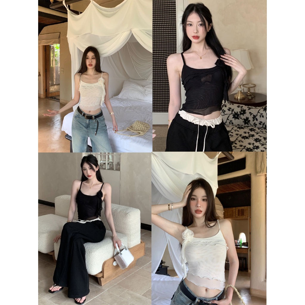 TRENDY FASHION (F919) เสื้อสายเดี่ยวผ้าชีฟอง แต่งชายระบายสุดน่ารัก