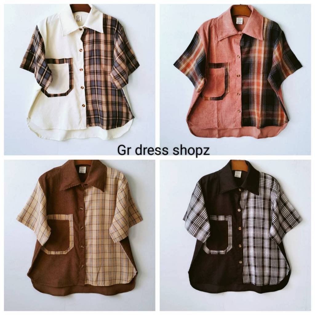 ป้าย PLOY KP เสื้อเชิ้ตแขนสั้นผ้าลูกฟูกทูโทน อก 46 นิ้ว