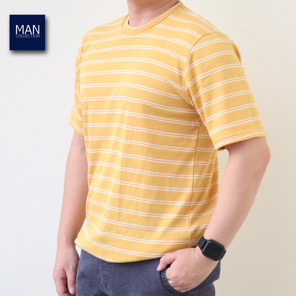 มาใหม่!! เสื้อยืดคอกลม ลายขวางสีเหลือง ผ้าฝ้าย Super Soft Cotton 100%