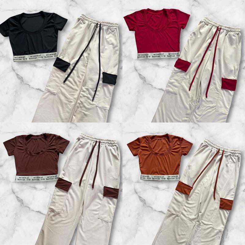 ชุดเซ็ตครอปเอวยาง original + กางเกงคาโก้ สินค้าขายดี มีหลายสีให้เลือก