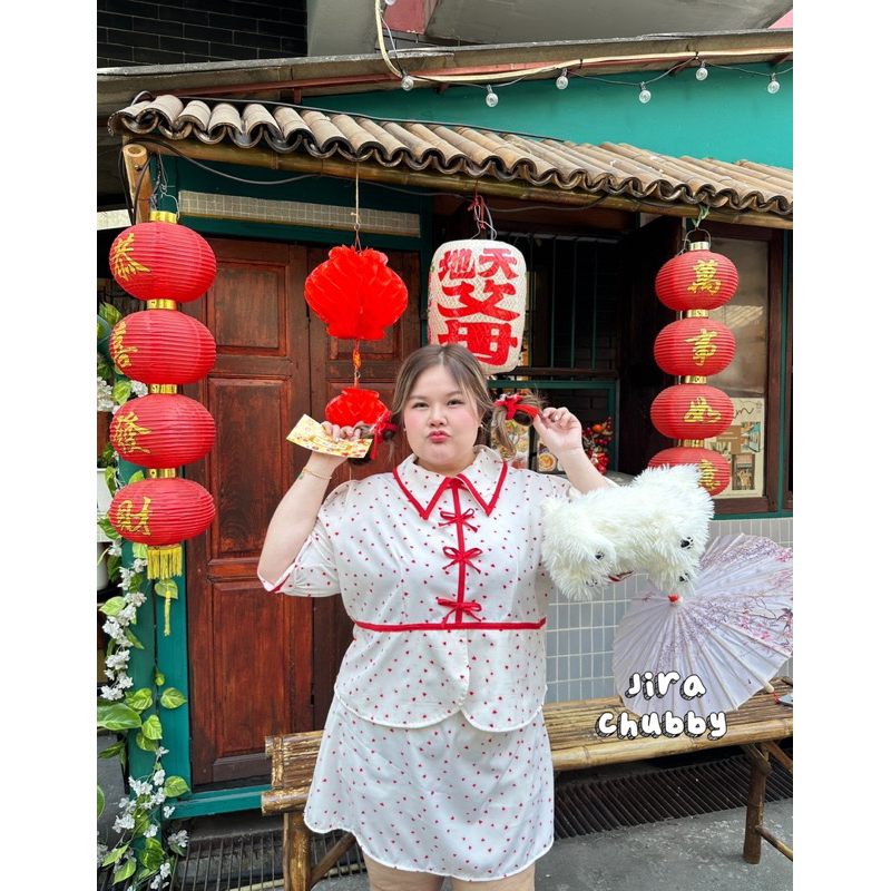 XinYi Set♥️🧧🪭ชุดเซทตรุษจีนสาวอวบซินอี๋ลายหัวใจ สาวอวบไซส์ใหญ่ (อก-50) - รูปที่ 6