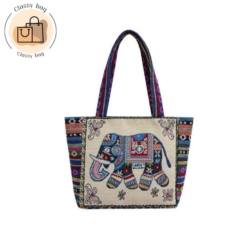กระเป๋าผ้าทอลายช้าง กระเป๋าถือผู้หญิง มีซิป