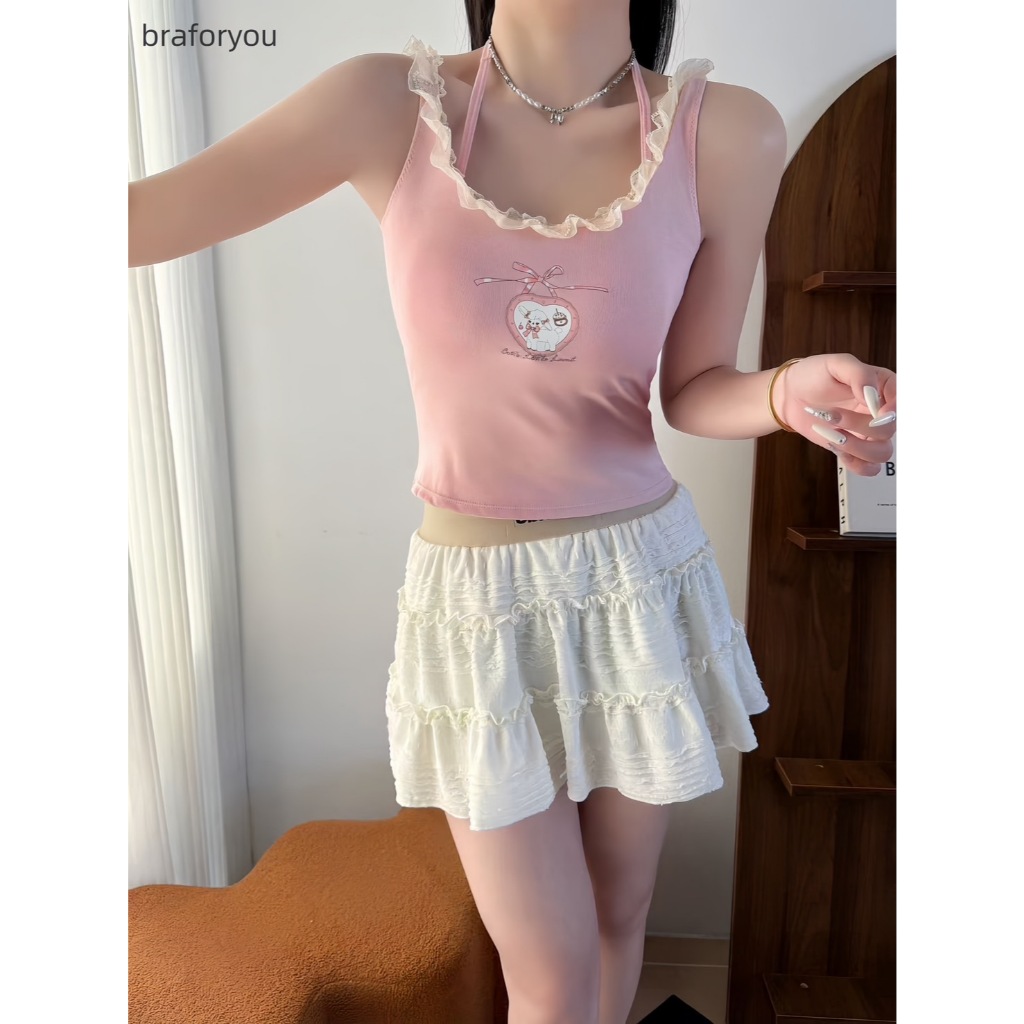 เสื้อกล้ามแต่งลูกไม้สองชิ้น สายคล้องคอเย็บติดใส่แล้วน่ารักฝุดๆ พิมพ์ลายน้องแกะ BFY-1816 WOMEN มีฟองน้ำในตัว ผ้านิ่มใส่สบ