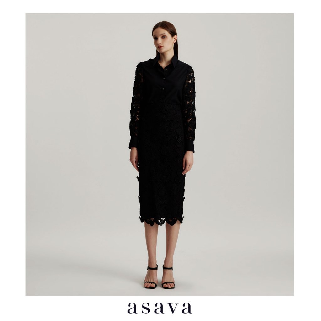 [asava aw24] Daniella Floral-lace Pencil Skirt กระโปรงผู้หญิง ทรงสอบ เอวสูง ผ่าหลัง ตะขอและซิปหลัง ผ้าลูกไม้ตาไก่ 3 มิติ