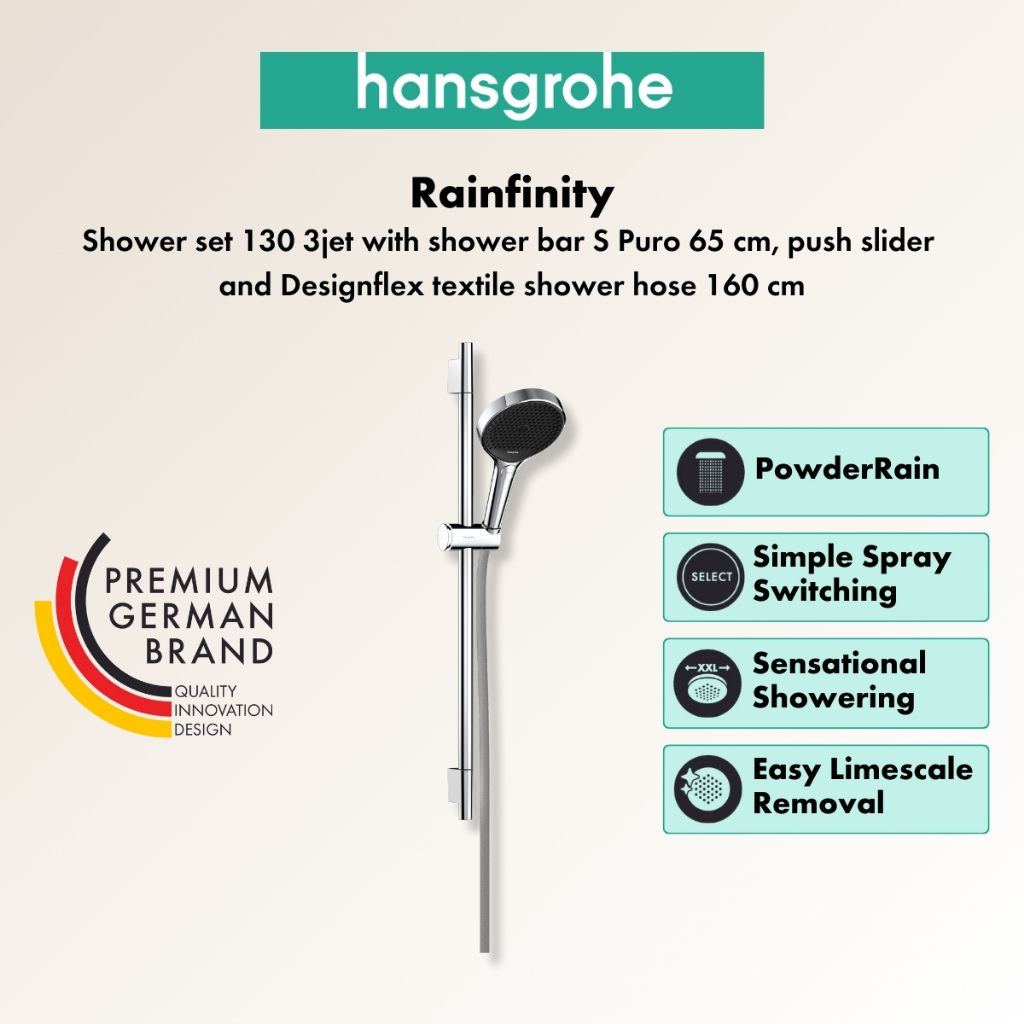 Hansgrohe Rainfinity ชุดฝักบัวมือ 130 มม. พร้อมราวแขวนฝักบัว รุ่น S Puro 65 ซม. รุ่น HG28745000