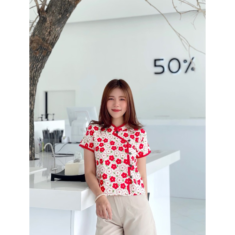 เสื้อผ้าฝ้ายพื้นเมืองคอจีนพิมพ์ลาย