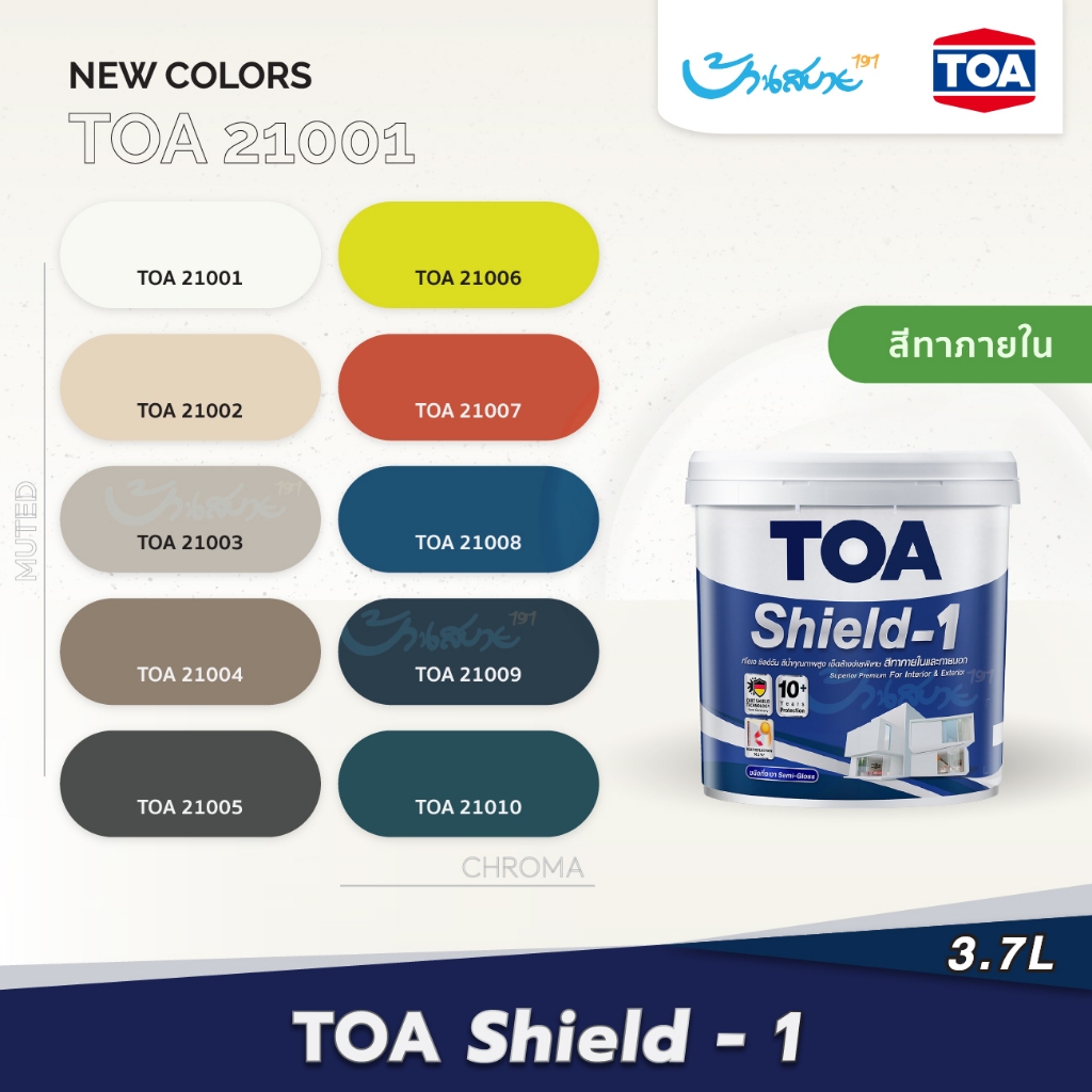 TOA เฉดสี 21001 Shield-1 ภายใน 3.7 ลิตร ด้าน กึ่งเงา สีทาภายใน Shield 1 Interior จับคู่ลงตัว เกรดสูง