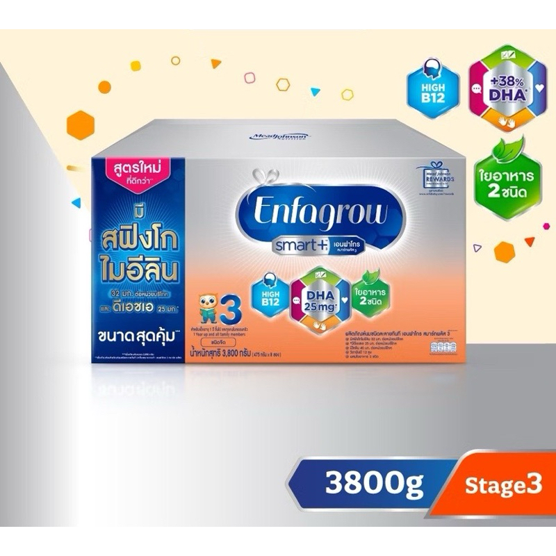 นมผง เอนฟาโกร สมาร์ทพลัส มีสฟิงโกไมอีลินมากกว่า* สูตร3 ชนิดจืด(3800 g)