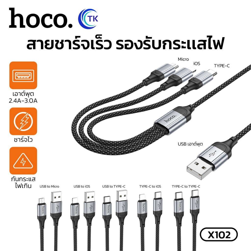 HOCO X102 สายชาร์จ 3in1  Flash Chargingสายชาร์จ 2.4A อุปกรณ์ชาร์จUSBแบบหลายหัวสายชาร์จ สายถักไนล่อนส