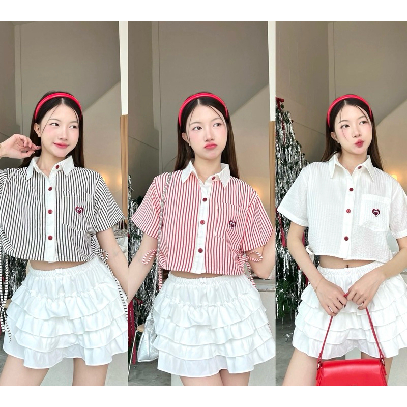 เสื้อเชิ้ตครอปรูดผูกข้างลายริ้ว