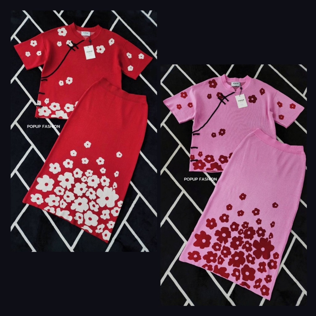 POP UP Chinese Bloom Knit Set (เซ็ตไหมพรมลายดอก สไตล์ตรุษจีน) (S–2XL) - รูปที่ 2