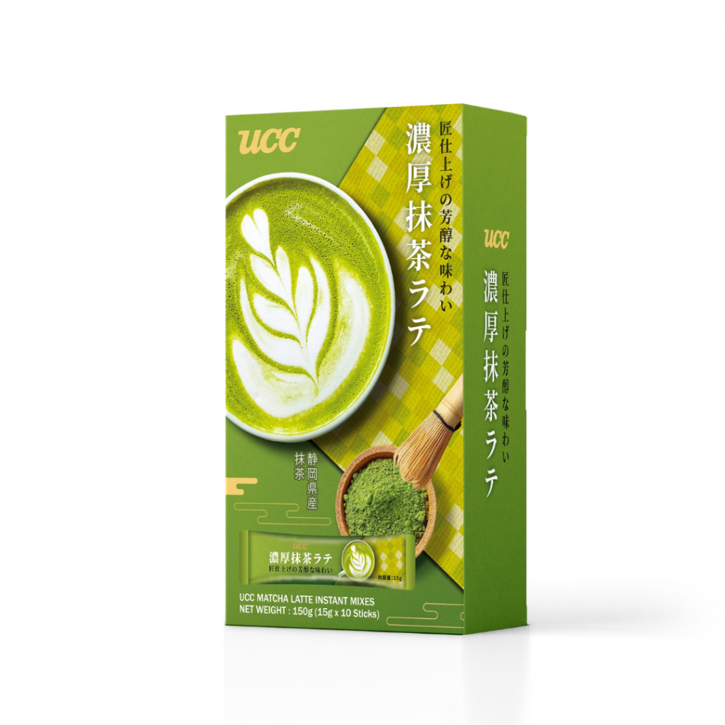 UCC Matcha latte ชาเขียวมัทฉะ น้ำหนัก 150g 1กล่องมี 10ซอง  สินค้าจากมาเลเซีย มีตราฮาลาล  BBF.15/01/2