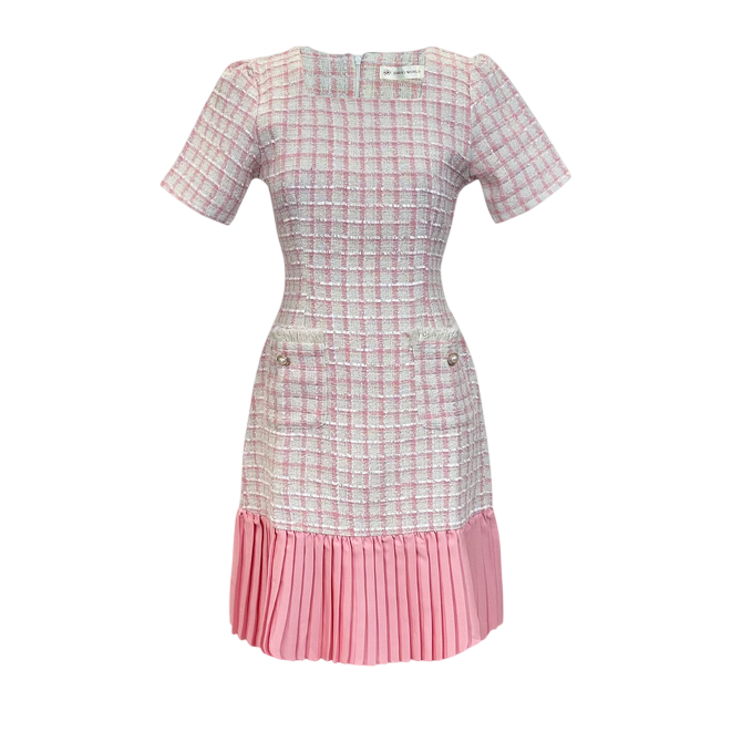 S-XL | เดรสสั้นคอเหลี่ยมลายตาราง กระโปรงแต่งระบาย มีซับใน สีน้ำตาล D1253