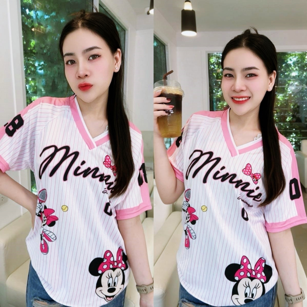 ( M106 ) เสื้อยืด คอวี มินนี่การ์ตูน เลข 08 L-2XL
