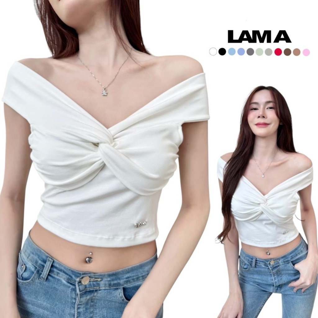 Twice  top  เสื้อปาดไหล่ทวิสอก แต่งอะไหล่ Lama